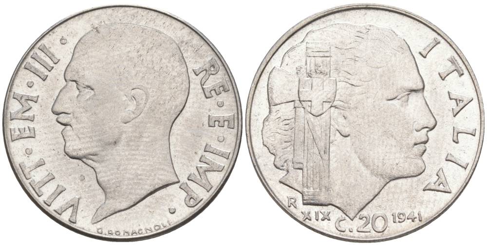 ИТАЛИЯ 20 ЧЕНТЕЗИМО 1941 R, ГОД XIX, ВИКТОР ЭММАНУИЛ III (1900-1946) KM 75b, VEM3. 1028 нержавеющая сталь 3853-1116