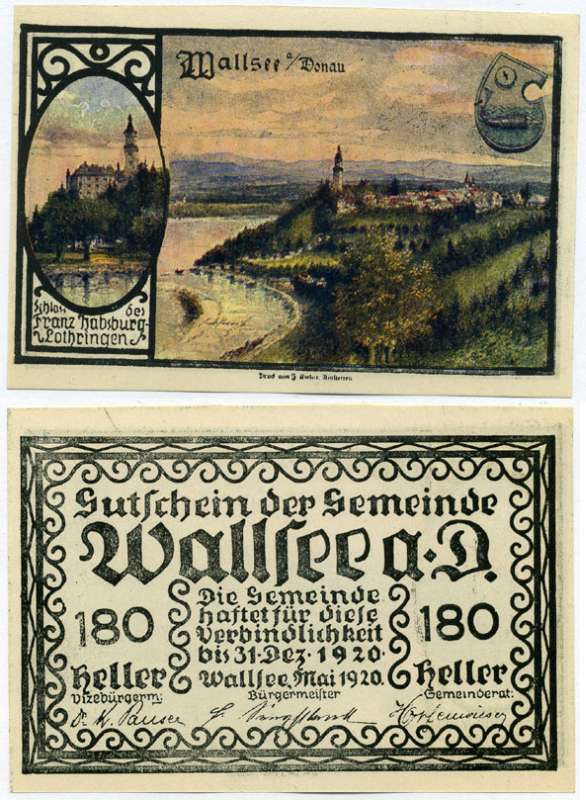 Австрия, Вальзее-ам-Донау 180 геллеров 1920 31 декабря 1920, нотгельд, земля Нижняя Австрия   бумага  UNC (пресс) 7221-32-3-2