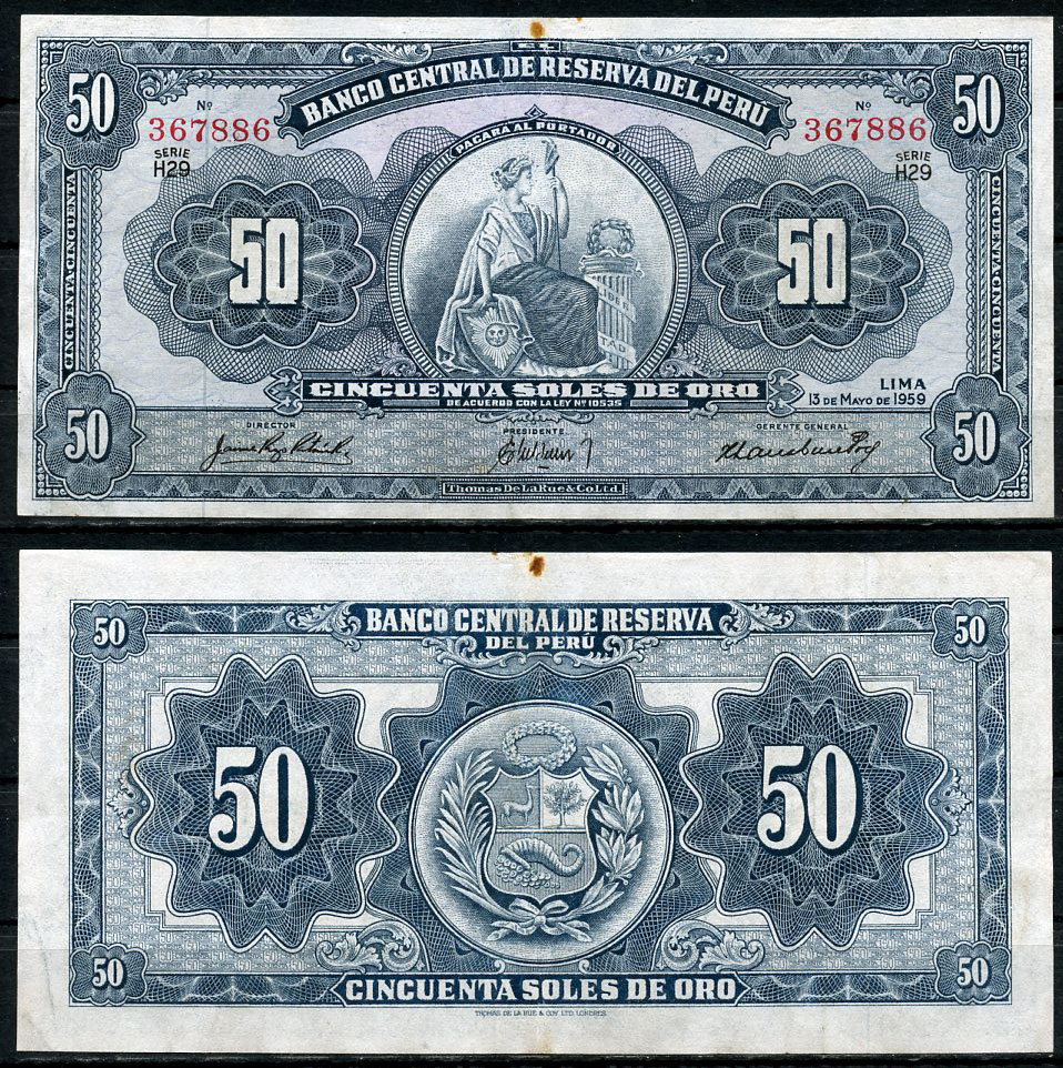 Перу 50 солей 1959 сидящая свобода, Thomas de la Rue Pick 78 a  бумага   451-730-2