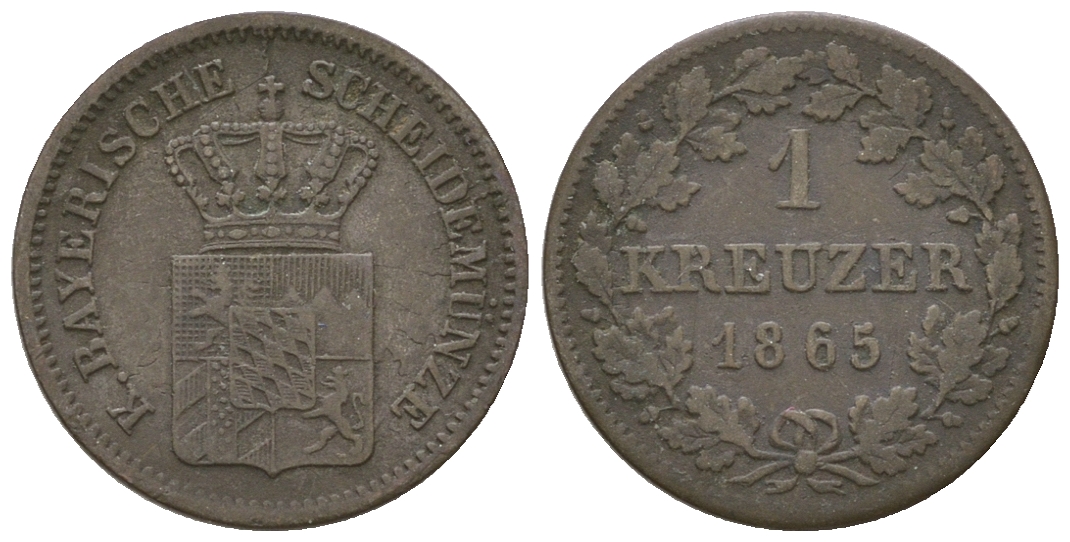 Бавария 1 крейцер 1865 Людвиг II (1864-1886) KM 487 серебро 4576-1055