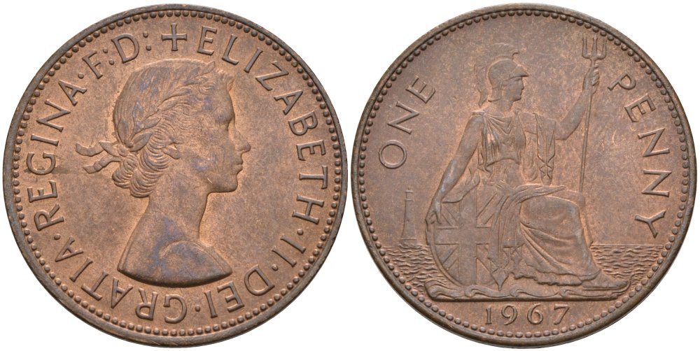 Великобритания 1 пенни 1967 Елизавета II (1952-2022) KM 897, Spink 4157 бронза 4574-321