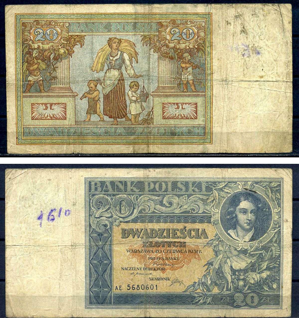 Польша 20 злотых 1931 Pick 73 бумага 8518-2-1-2