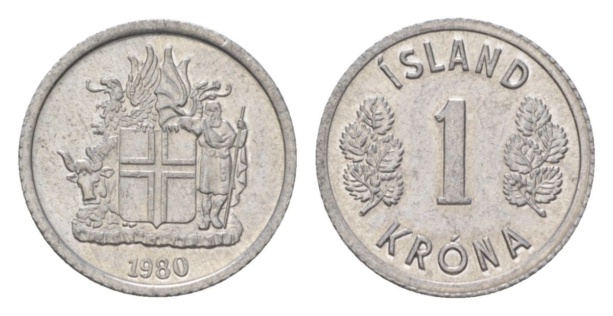 Исландия 1 крона 1980 KM 23 алюминий UNC 4627-749