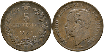 ИТАЛИЯ 5 ЧЕНТЕЗИМО 1861 М, ВИКТОР ИМАНУИЛ II KM 3.2 медь 4384-153