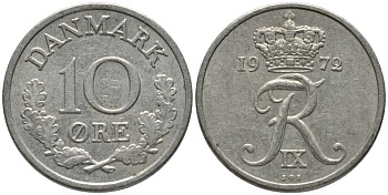 ДАНИЯ 10 ЭРЕ 1972 S; S, ФРЕДЕРИК IX (1947-1972) KM 849.2 медно-никель 116-233