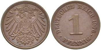 ГЕРМАНИЯ 1 ПФЕННИГ 1906 A KM 10, J. 10, Weege 2 медь 211-342