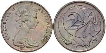 АВСТРАЛИЯ 2 ЦЕНТА 1977 ЕЛИЗАВЕТА II, МОЛОДОЙ ПОРТРЕТ, ПЛАЩЕНОСНАЯ ЯЩЕРИЦА (FRILLED LIZARD) KM 63 бронза UNC 4566-417