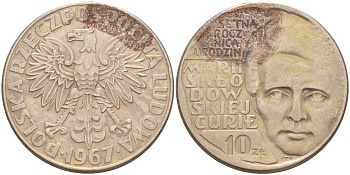 Польша 10 злотых 1967 MW, 100 лет со дня рождения Марии Склодовской-Кюри KM 59 медно-никель 106-624
