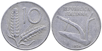 ИТАЛИЯ 10 ЛИР 1954 R, ПЛУГ KM 93 алюминий 51-5134