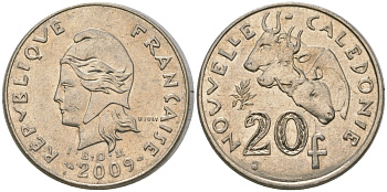 Французская Новая Каледония 20 франков 2009 три быка, (IEOM) KM 12a, Schoen 14a медно-никель 4131-1232