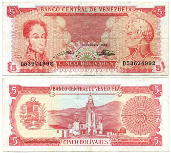 Венесуэла 5 боливаров 1989 Pick 70b бумага 8592-17-3-1