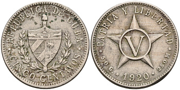 Куба 5 сентаво 1920 звезда, республика (1915-1961) KM 11.1, Y 5, Schoen 5 медно-никель 113-314
