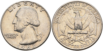 США 25 центов = квотер 1982 P, Вашингтон KM A164a медь плакированная медно-никелем 4584-1142