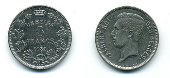 БЕЛЬГИЯ 5 ФРАНКОВ 1932 BELGES KM 97.1 никель 57-1016