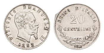 Италия 20 чентезимо 1863 М, Виктор Эммануил II (1861-1878) KM 13 серебро 4630-223