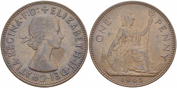 Великобритания 1 пенни 1965 Елизавета II (1952-2022) КМ 897, Spink 4157 бронза 3996-221