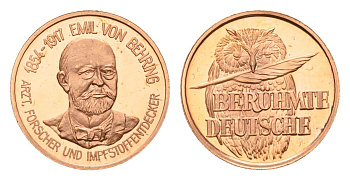 ФРГ медаль из серии знаменитые немцы - Эмиль фон Беринг (1854-1917) - известен как человек открывший сывороточную терапию 1980-ые диаметр 18 мм, вес 2,3 гр алюминий плакированный медью UNC 4625-1019
