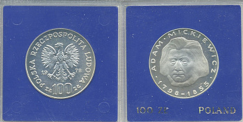 Польша 100 злотых 1978 MW, Адам Мицкевич (1798-1855), в оригинальной пластиковой упаковке KM 92 серебро PROOF 5-3-1-23