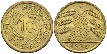 Германия 10 рейхспфеннигов 1936 F KM 40, J.317, Weege 9 алюминиевая бронза 4584-537