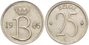 Бельгия 25 сантимов 1965 Belgie, Бодуэн I (1951-1993) KM 154.1 медно-никель 4532-462