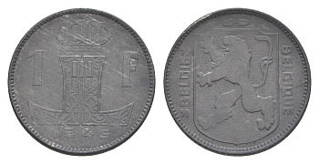 Бельгия 1 франк 1945 Belgique - Belgie, Леопольд III (1934-1947), германская оккупация, Вторая мировая война KM 128 цинк 4636-259