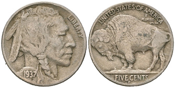 США 5 центов 1937 D, индеец, бизон KM 134 медно-никель 4602-729