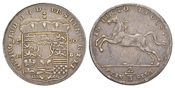 Брауншвейг-Каленберг-Ганновер 2/3 талера 1700 HB, Георг I (1698-1727), из коллекции Ричарда Б. Смита Davenport 418, KM 17, Welter 2153 серебро 00-821-15