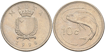 Мальта 10 центов 1998 золотая макрель KM 96 медно-никель 4588-253