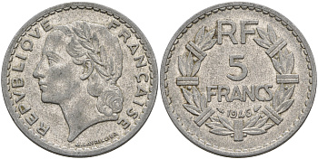 ФРАНЦИЯ 5 ФРАНКОВ 1946 KM 888b.1 алюминий 75-325