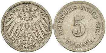 ГЕРМАНИЯ 5 ПФЕННИГОВ 1905 A KM 11, J. 12, Weege 6 медно-никель 206-938