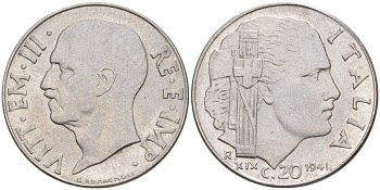 ИТАЛИЯ 20 ЧЕНТЕЗИМО 1941 R, ГОД XIX, ВИКТОР ЭММАНУИЛ III (1900-1946) KM 75b, VEM3. 1028 нержавеющая сталь 3853-934