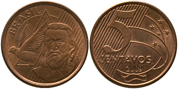 Бразилия 5 сентаво 2009 KM 648, Schon 156 сталь плакированная медью 4523-1154