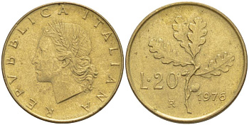 ИТАЛИЯ 20 ЛИР 1976 R, ДУБОВЫЕ ЛИСТЬЯ KM 97.2 алюминиевая бронза 4551-257
