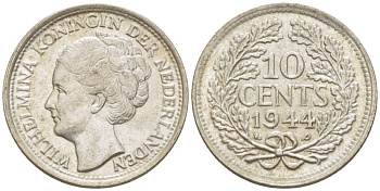 Нидерланды 10 центов 1944 Вильгельмина (1890-1948) KM 163 серебро aUNC 66-1267