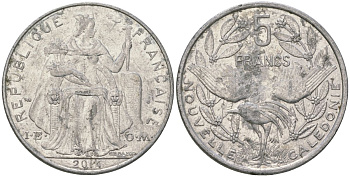 Французская Новая Каледония 5 франков 2014 птица кагу, (IEOM) KM 16, Schoen 12, Lec 81k алюминий 4117-415