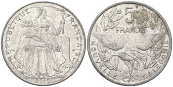 Французская Новая Каледония 5 франков 2010 птица кагу, (IEOM) KM 16, Schoen 12, Lec 81k алюминий 4111-542