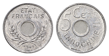 Французский Индокитай 5 сантимов 1943 год-тип KM 27 алюминий UNC 4147-1251