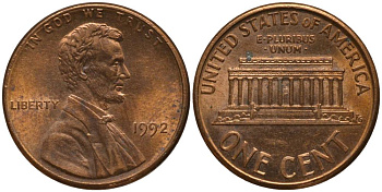 США 1 ЦЕНТ 1992 ЛИНКОЛЬН KM 201b цинк плакированный медью 3955-436