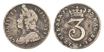 Великобритания 3 пенса 1743 Георг II (1727-1760) KM 569, Spink 3713B серебро 1526-434