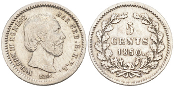 Нидерланды 5 центов 1850 Виллем III (1849-1890), точка после даты KM 91 серебро 4115-223