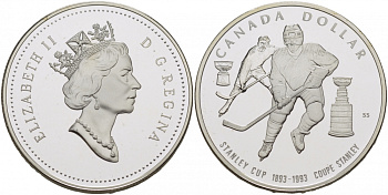Канада 1 доллар 1993 кубок Стенли по хоккею с шайбой KM 235 серебро PROOF 1087-6-34