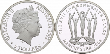 Австралия 5 долларов 2002 XVII Игры Содружества, гимнасты KM 652 серебро PROOF 1068-2-43