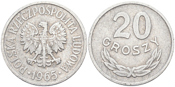 ПОЛЬША 20 ГРОШЕЙ 1965 MW KM А47 алюминий 106-433