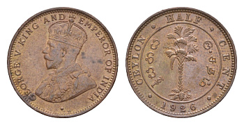 Цейлон 1/2 цента 1926 Георг V (1910-1936) KM 106 медь  UNC  4658-1067