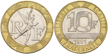 Франция 10 франков 1991 тип гений Бастилии KM 964.1, Le Frank 375.6 биметалл 4519-322