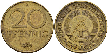ГДР 20 пфеннигов 1983 A KM 11 латунь 4143-744