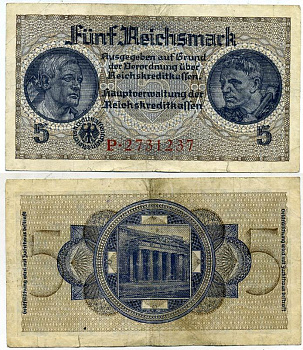 ГЕРМАНИЯ 5 РЕЙХСМАРОК 1940-1945 ДЛЯ ОККУПИРОВАННЫХ ТЕРРИТОРИЙ Pick R138a бумага 3295-89-1-1