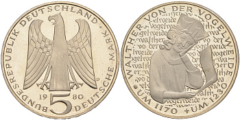 ФРГ 5 МАРОК 1980 D, 750 ЛЕТ СО ДНЯ СМЕРТИ ВАЛЬТЕРА фон дер ФОГЕЛЬВЕЙДЕ KM 152, J. 427 медно-никель плакированный никелем плакированный никелем PROOF 02-265-32