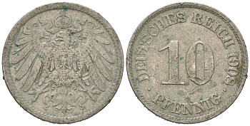 Германия 10 пфеннигов 1908 A, Вильгельм II (1888-1918) KM 12, J. 13 медно-никель 4615-749