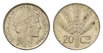 Уругвай 20 сентесимо 1942 год-тип KM 29 серебро 4669-628